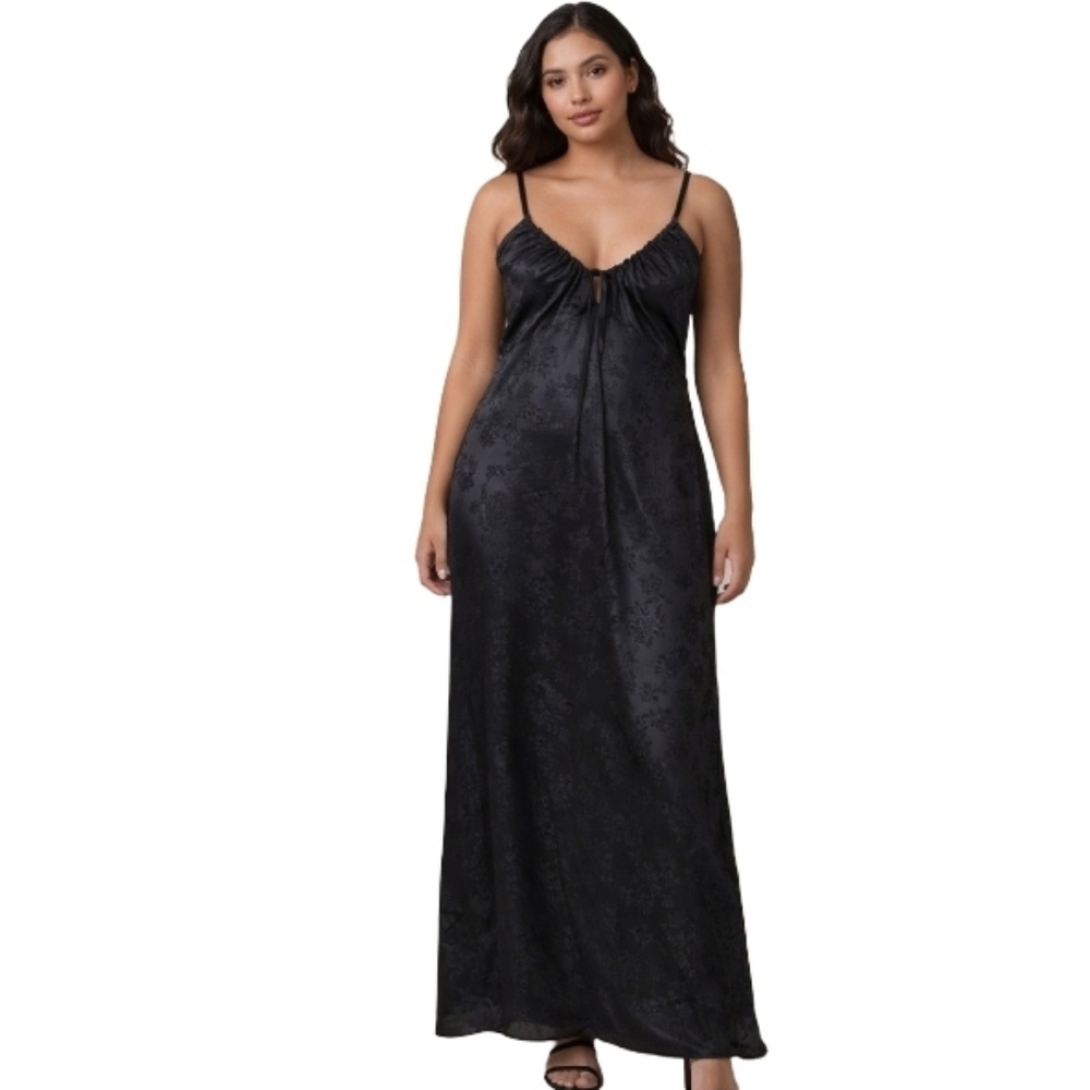 Wild Fable Black Floral Satin Maxi Slip Dress Criss Cross‎ Back Women's Medium